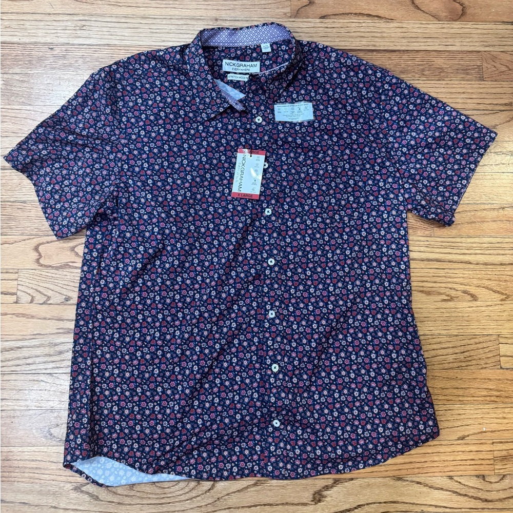 NICK GRAHAM EVERYWHERE NWT Stretch Modern Fit Short Sleeve Floral Print Shirt XL